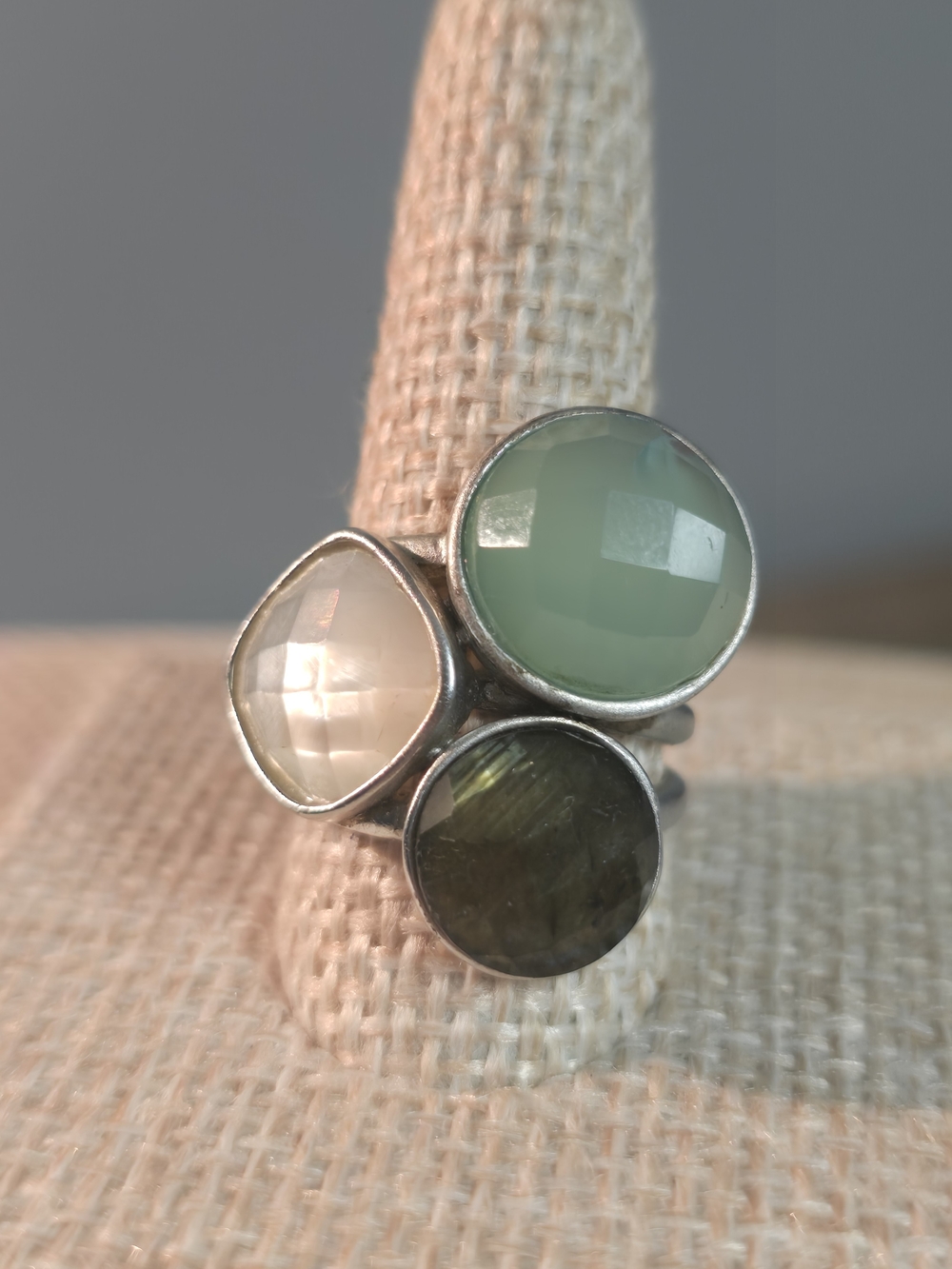 Sterling Silver Triple Stone Ring with Mint Green, Pearl White and Olive Stones